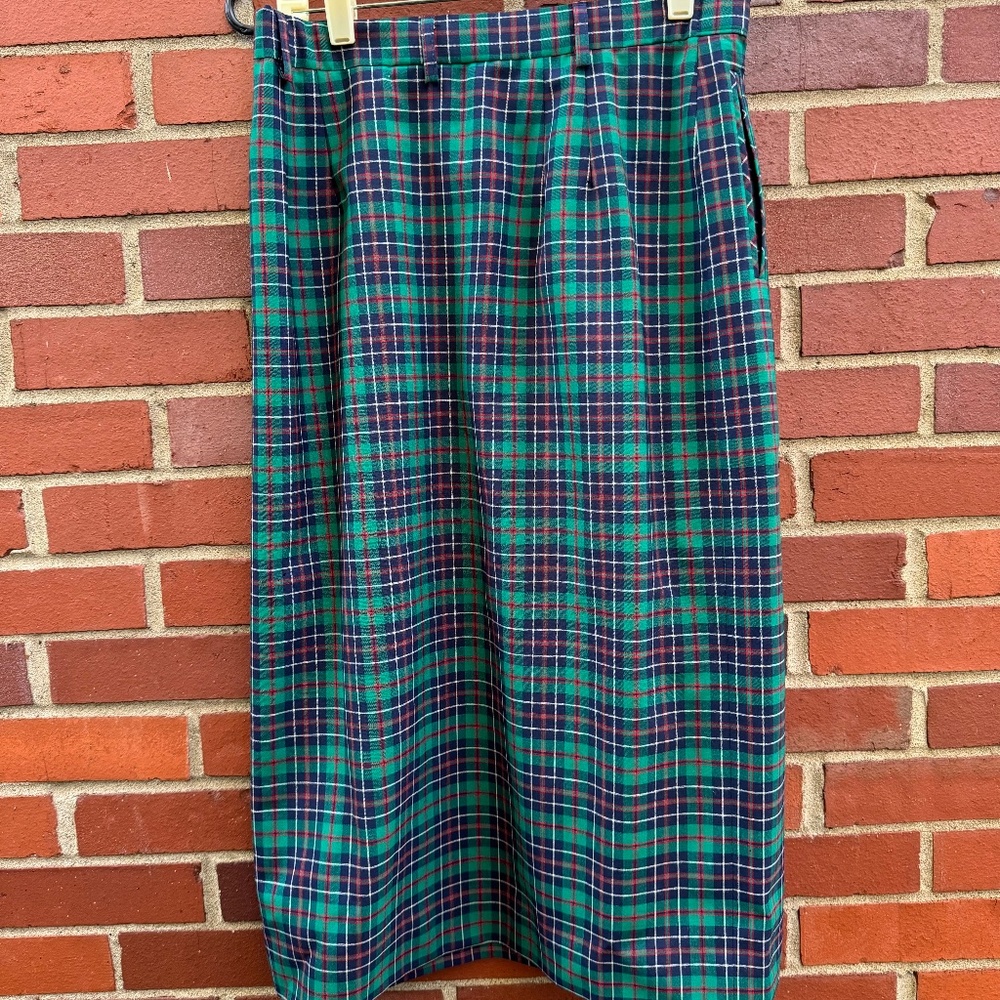 Vintage Pendleton Tartan Plaid Green Red Blue Wool Preppy Pencil Skirt USA 12